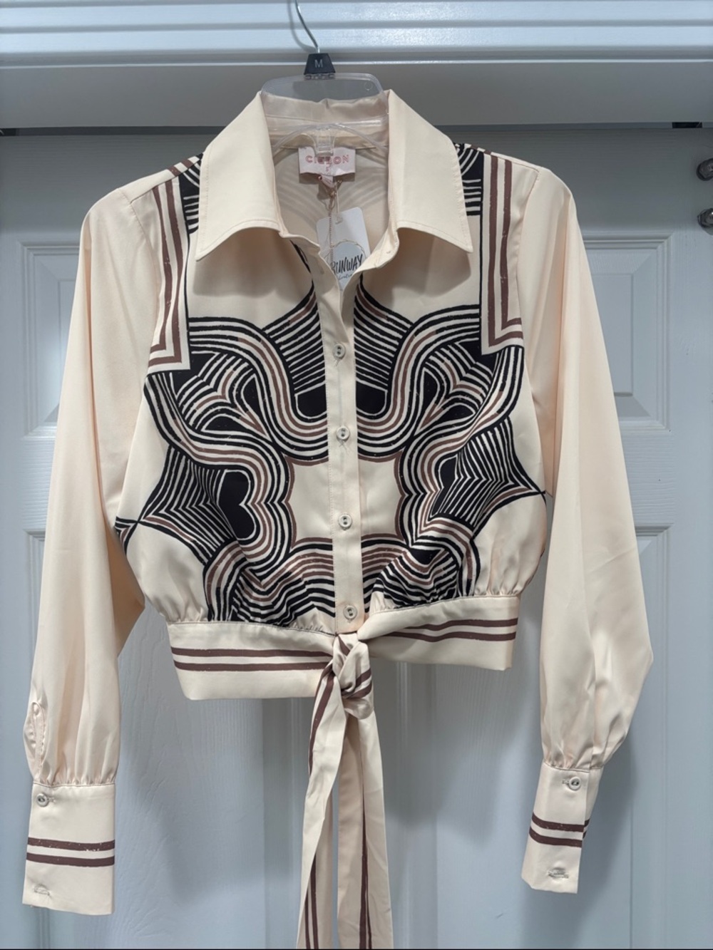 Cream Button-Front Tie Waist Blouse with Graphic Print